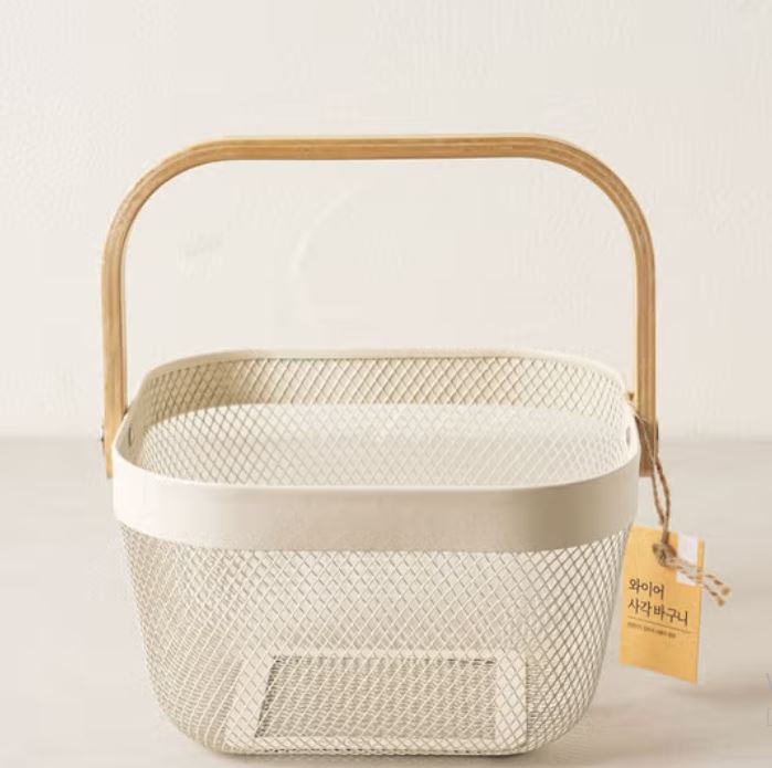 DAISO Wooden Handle Square Mesh Storage Basket