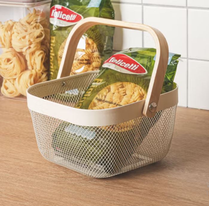 DAISO Wooden Handle Square Mesh Storage Basket