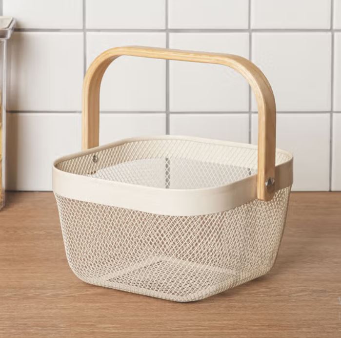 DAISO Wooden Handle Square Mesh Storage Basket